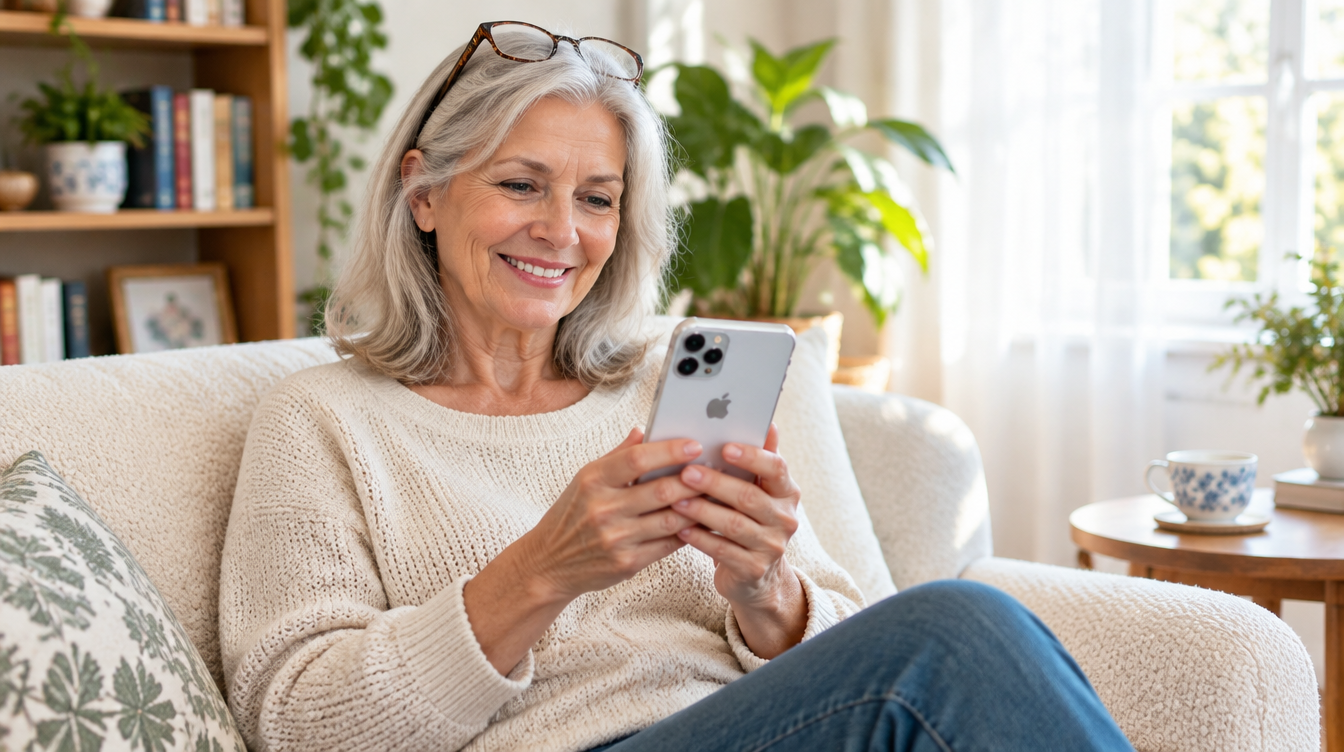 A woman relaxing on her sofa, using her Apple device with confidence