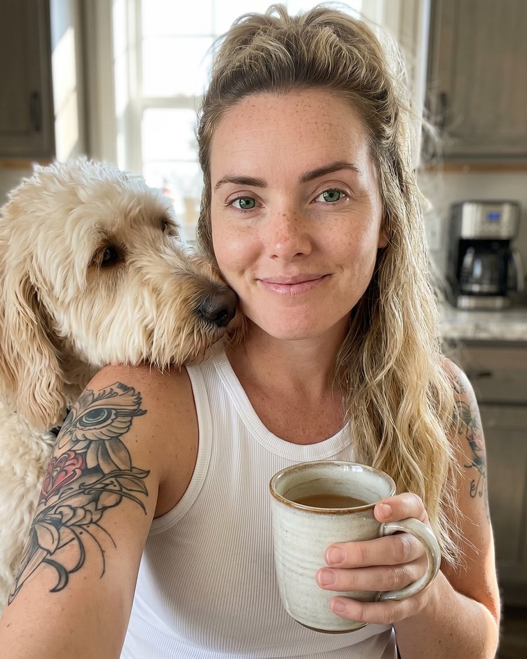 Jolene of FTS Computer Repair at home with her dog and a cup of coffee