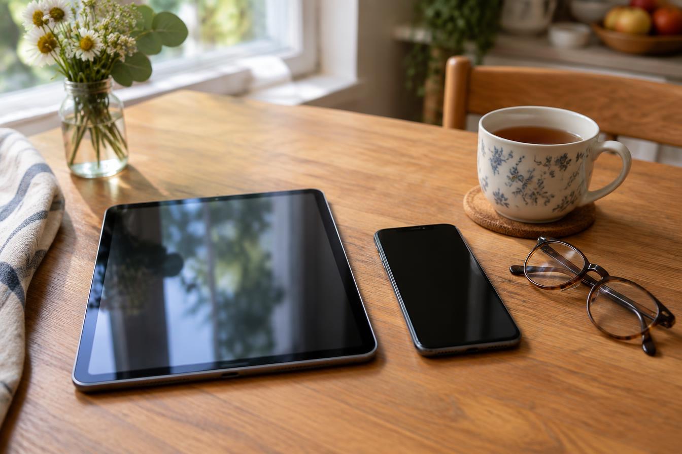 An iPad and an iPhone resting on a wooden kitchen table beside reading glasses and a cup of tea